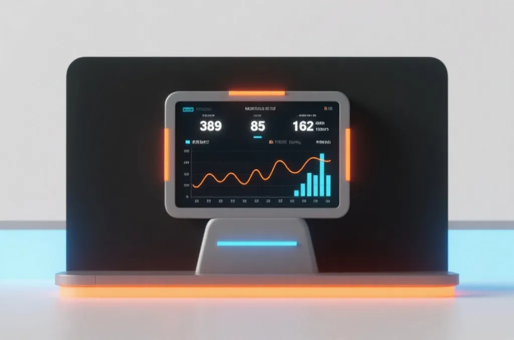 A minimalist 3D rendering of a futuristic digital scoreboard displaying match statistics and line graphs